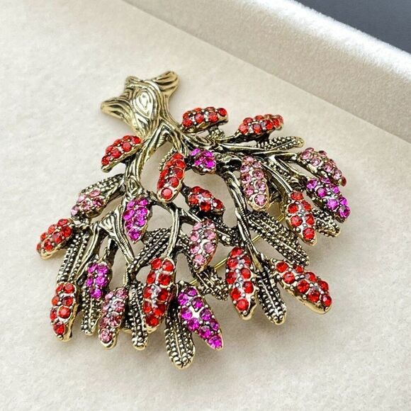 Yellow Gold with Ruby and Pink Sapphire Crystal Blooming Tree Pin Back Brooch - Picture 5 of 9